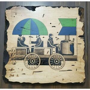 Vintage Wall Plaque Screen Print on Wood of Steam Engine MCM 1970's 11" x 12"